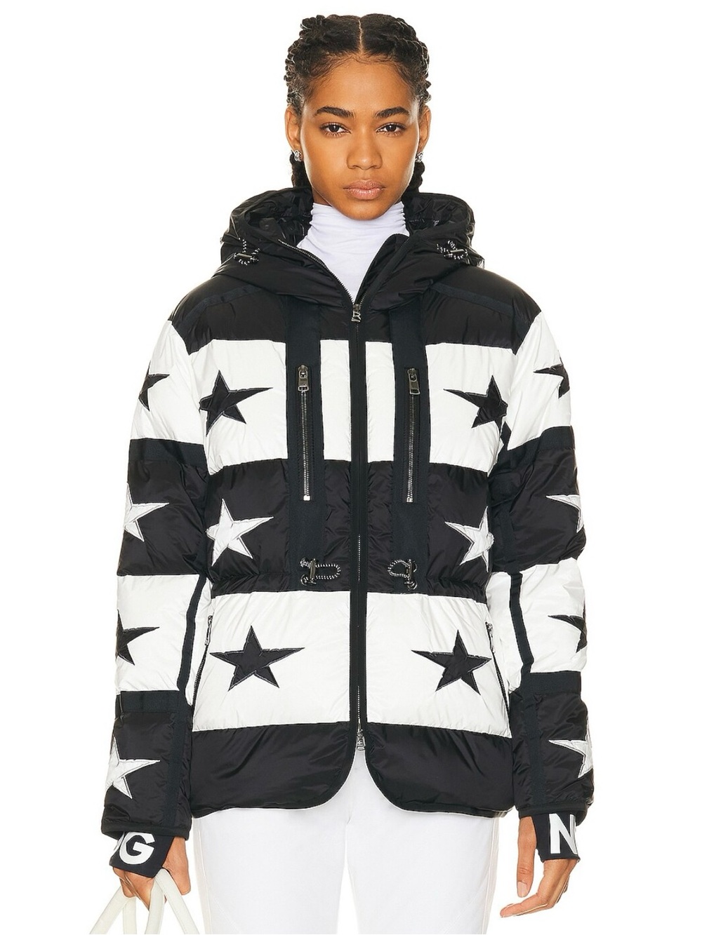 NEW Bogner Paula D Black White Star Ski Puffer Jacket Liquid Silver Goose Down L